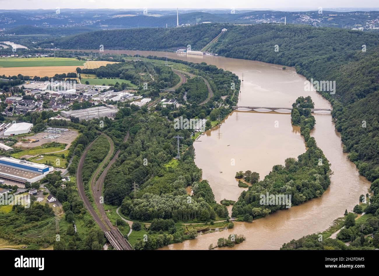 Aerial view, Ruhr flood, Syburg, Dortmund, Ruhr area, North Rhine-Westphalia, Germany, DE, Europe, birds-eyes view, aerial photography, aerial photogr Stock Photo