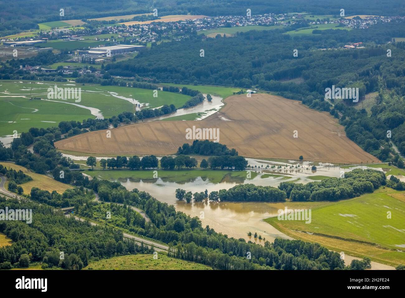 Aerial view, Ruhr flood, floods after heavy rainfall, Waltringen, Ense, Sauerland, North Rhine-Westphalia, Germany, DE, Europe, birds-eyes view, aeria Stock Photo