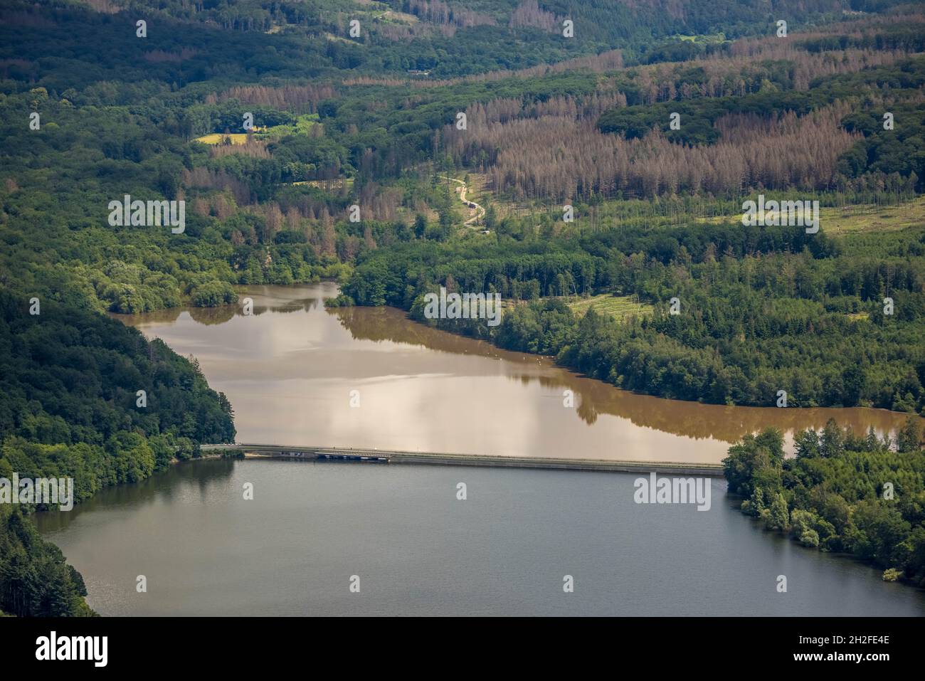 Aerial photo, flood after heavy rain, Möhne dam with water level, Günne, Möhne lake, Sauerland, North Rhine-Westphalia, Germany, DE, Europe, birds-eye Stock Photo