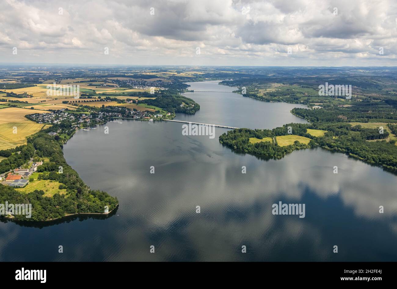 Aerial photo, flood after heavy rain, Möhne dam with water level, Günne, Möhne lake, Sauerland, North Rhine-Westphalia, Germany, DE, Europe, birds-eye Stock Photo
