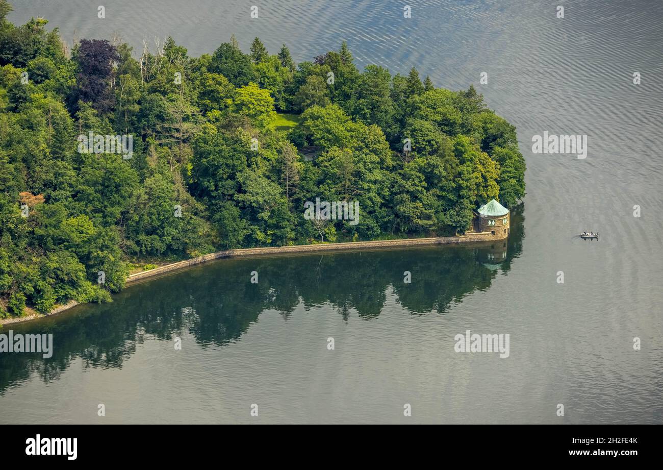 Aerial photo, flood after heavy rain, Möhne dam with water level, Günne, Möhne lake, Sauerland, North Rhine-Westphalia, Germany, DE, Europe, birds-eye Stock Photo