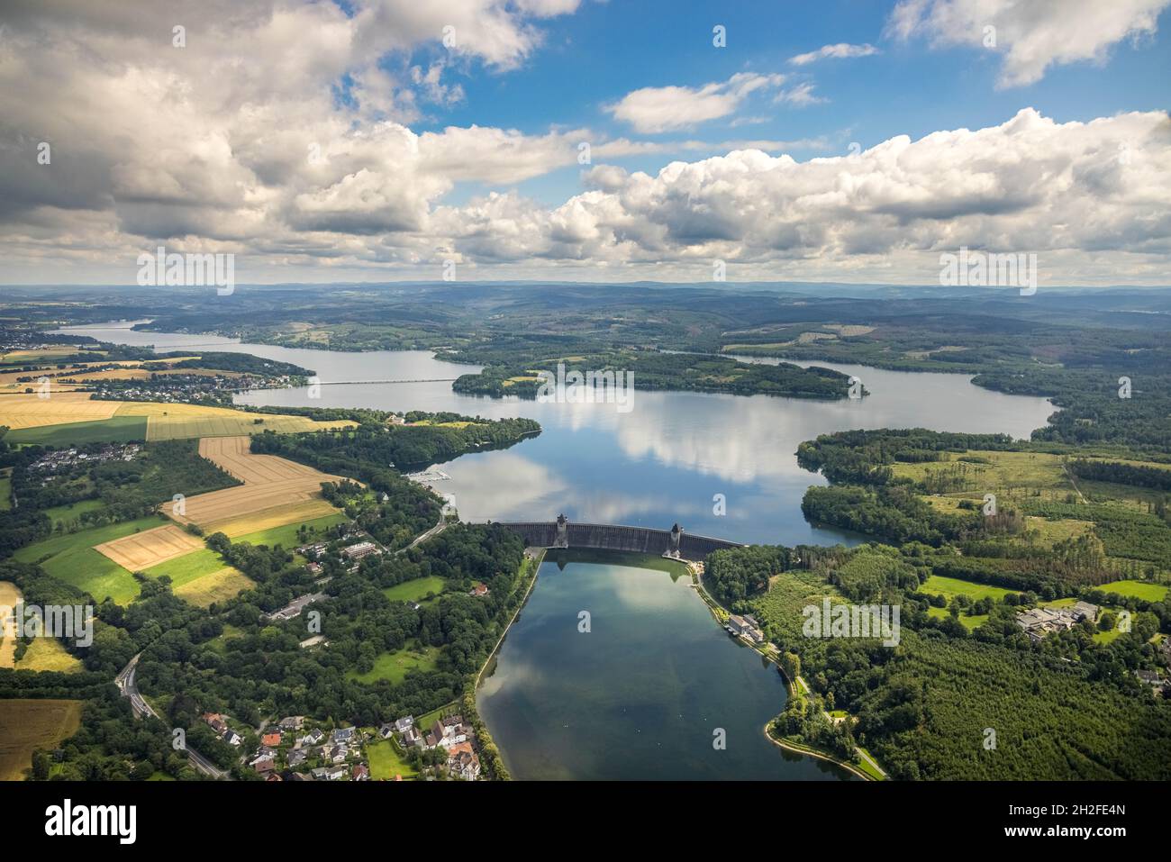 Aerial photo, flood after heavy rain, Möhne dam with water level, Günne, Möhne lake, Sauerland, North Rhine-Westphalia, Germany, DE, Europe, birds-eye Stock Photo