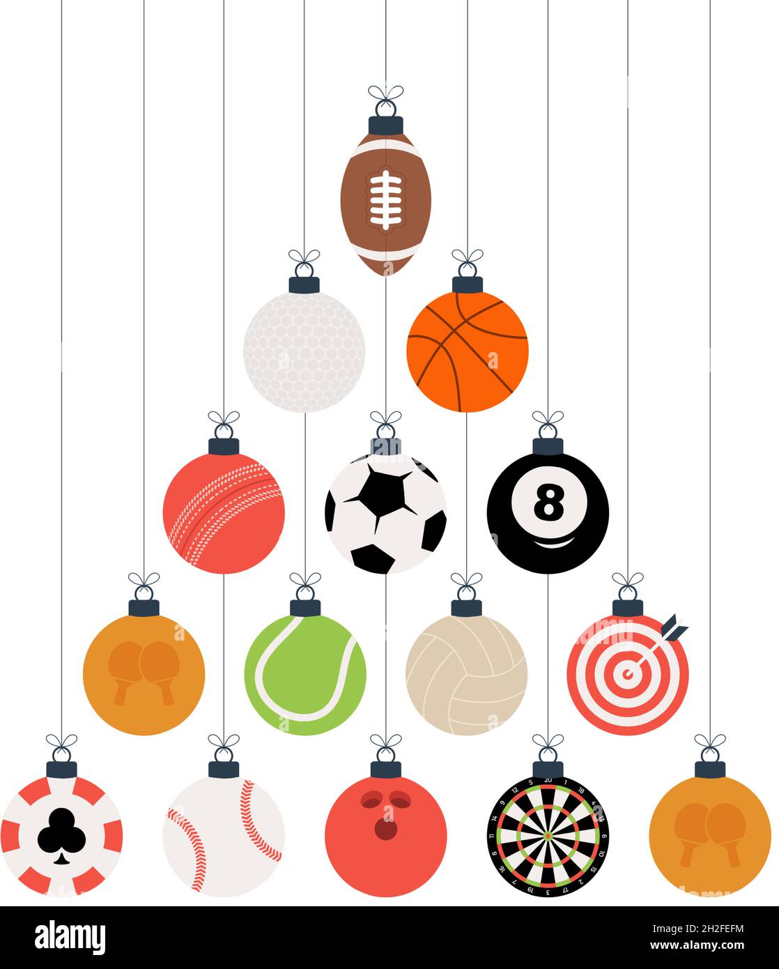 Sport Christmas illustration. Creative Xmas tree made by football, soccer, basketball, cricket