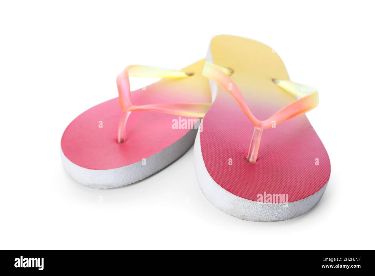 Bright flip flops on white background. Beach object Stock Photo - Alamy