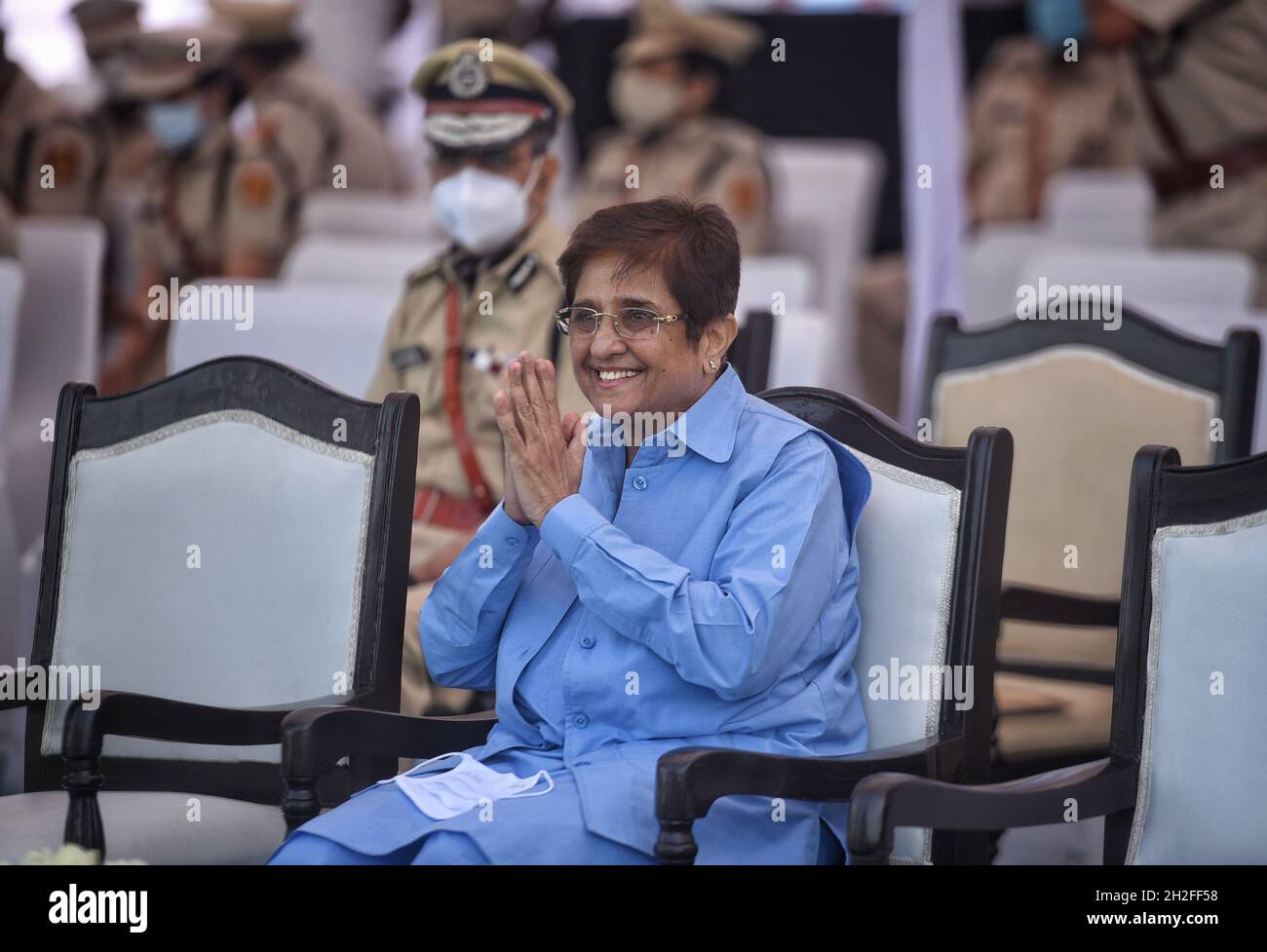 New Delhi, India. 21st Oct, 2021. NEW DELHI, INDIA - OCTOBER 21: Kiran Bedi, former Police Commissioner of Delhi seen during the Commemoration Day Parade in memory of Police Martyrs at New Police Lines, Kingsway camp on October 21, 2021 in New Delhi, India. The day is observed on October 21 to honour police officials who have made the supreme sacrifice in the line of duty. Let us have a look at the history and significance of the day.(Photo by Sanchit Khanna/Hindustan Times/Sipa USA) Credit: Sipa USA/Alamy Live News Stock Photo