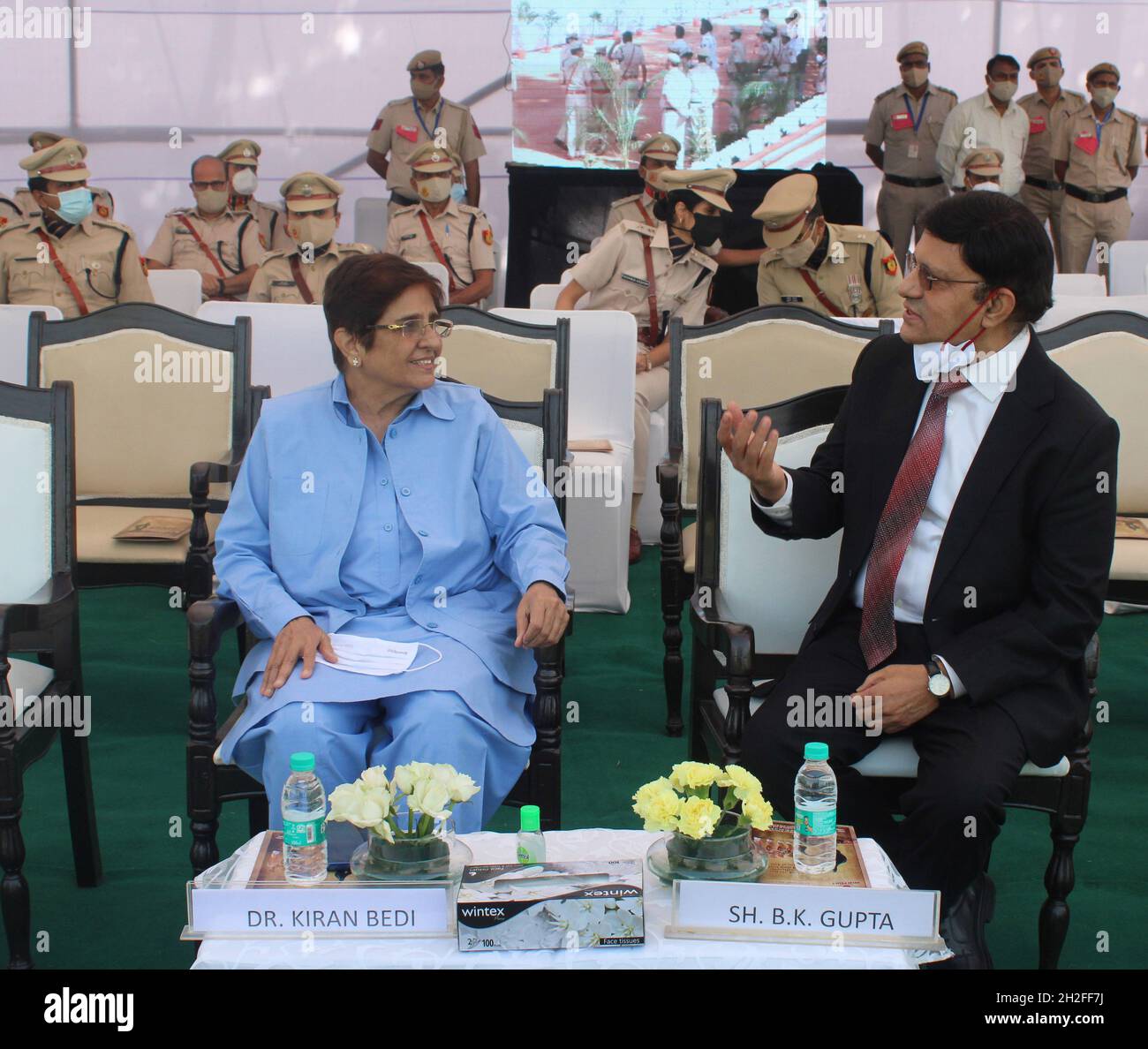 New Delhi, India. 21st Oct, 2021. NEW DELHI, INDIA - OCTOBER 21: Former Puducherry lieutenant governor Kiran Bedi talking with Former Delhi Police Commissioner BK Gupta during the Police Commemoration Day Parade in the memory of Police Martyrs at New Police Lines, Kingsway camp on October 21, 2021 in New Delhi, India. The day is observed on October 21 to honour police officials who have made the supreme sacrifice in the line of duty. Let us have a look at the history and significance of the day.(Photo by Sonu Mehta/Hindustan Times/Sipa USA) Credit: Sipa USA/Alamy Live News Stock Photo