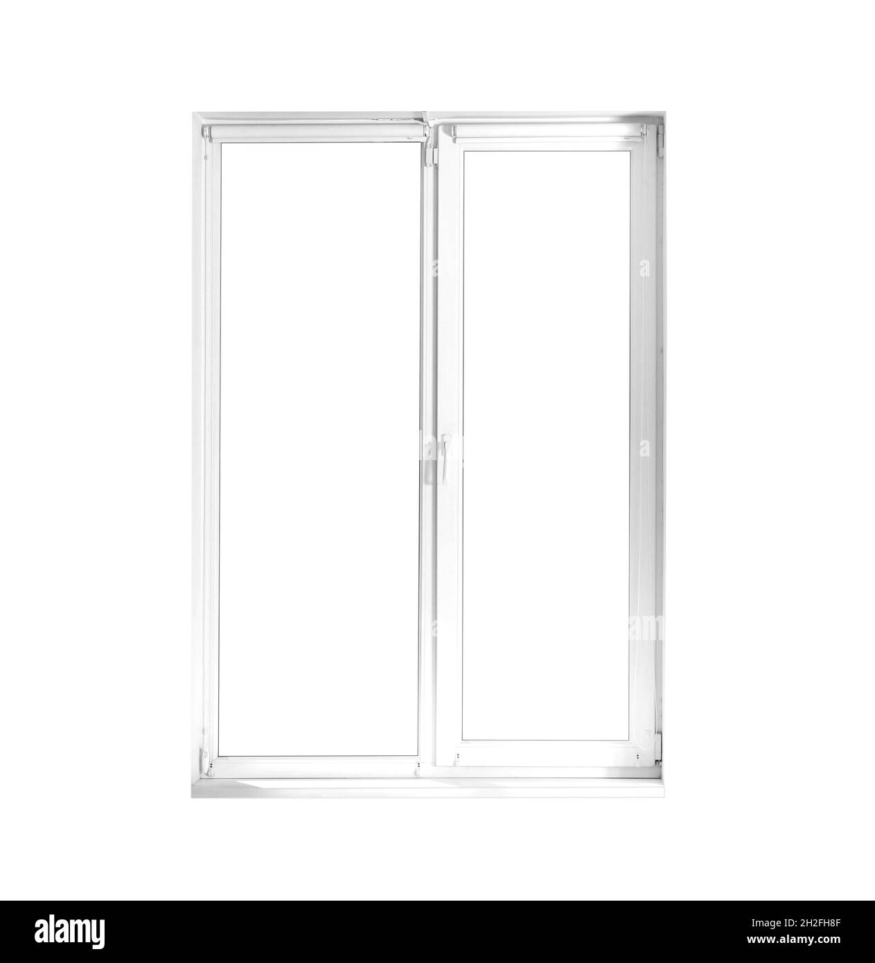 Modern window with open roller blinds on white background Stock Photo