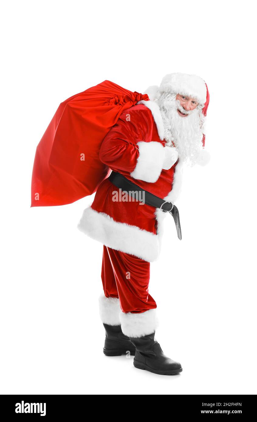 Authentic Santa Claus with red bag full of gifts on white background ...