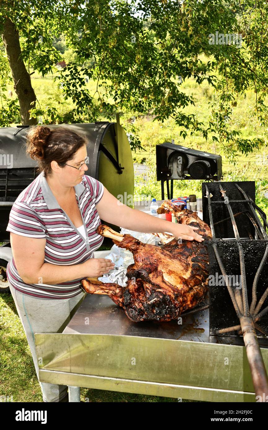 Putting aluminum foil over the spit-roasted pig hog at an outdoor hog roast on a Midwestern farm, Blanchardville, Wisconsin, USA Stock Photo