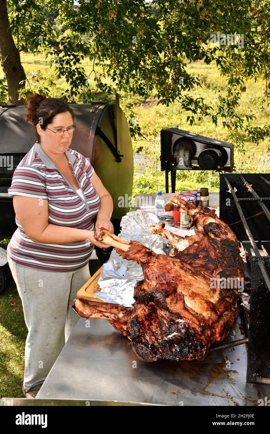 Putting aluminum foil over the spit-roasted pig hog at an outdoor hog roast on a Midwestern farm, Blanchardville, Wisconsin, USA Stock Photo