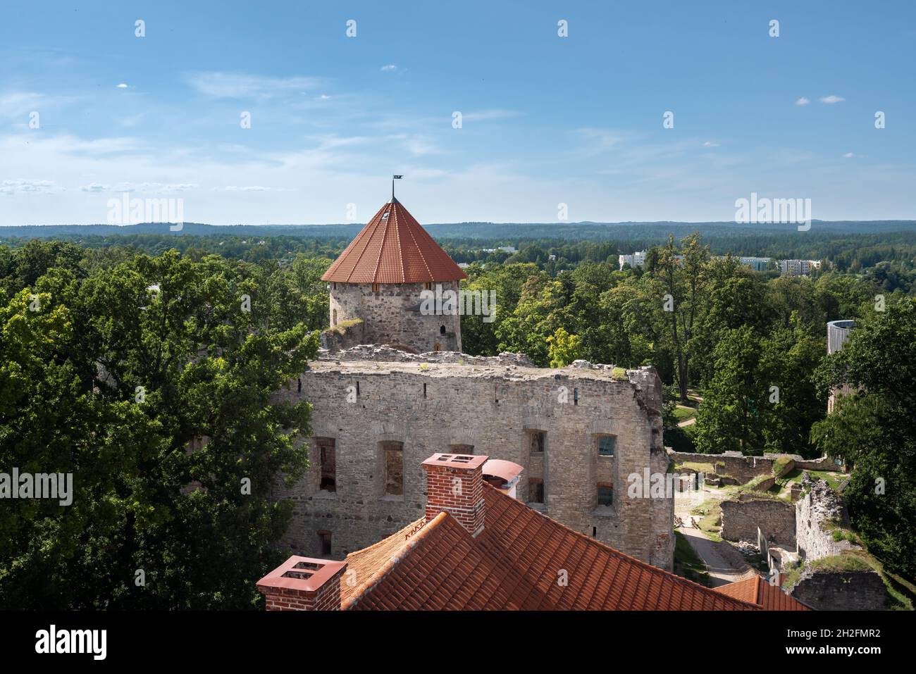 Aerial view of Cesis Castle - Livonian Order medieval castle ruins - Cesis, Latvia Stock Photo