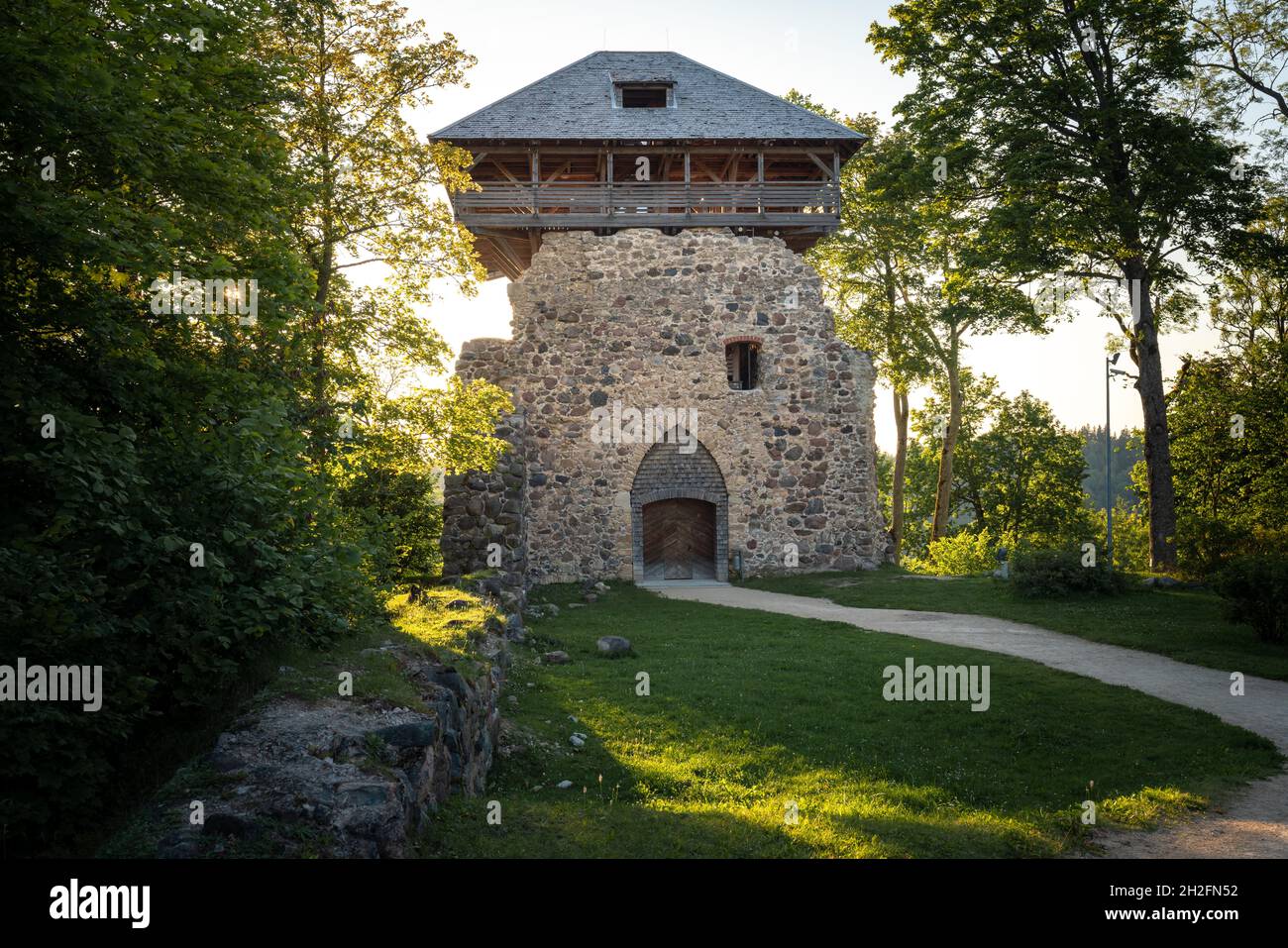 Sigulda Medieval Castle Watch Tower - Ruins of the Castle of the Livonian Order - Sigulda, Latvia Stock Photo