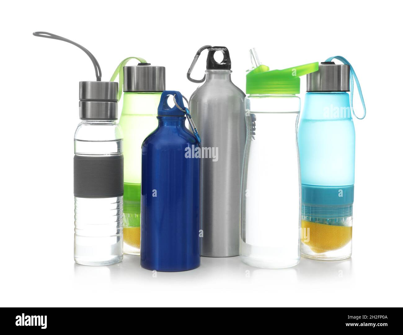 Different water bottles for sports on white background Stock Photo - Alamy