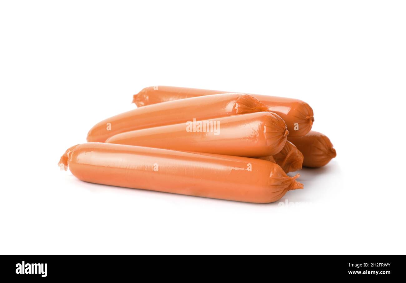 Encased sausages on white background. Meat product Stock Photo Alamy