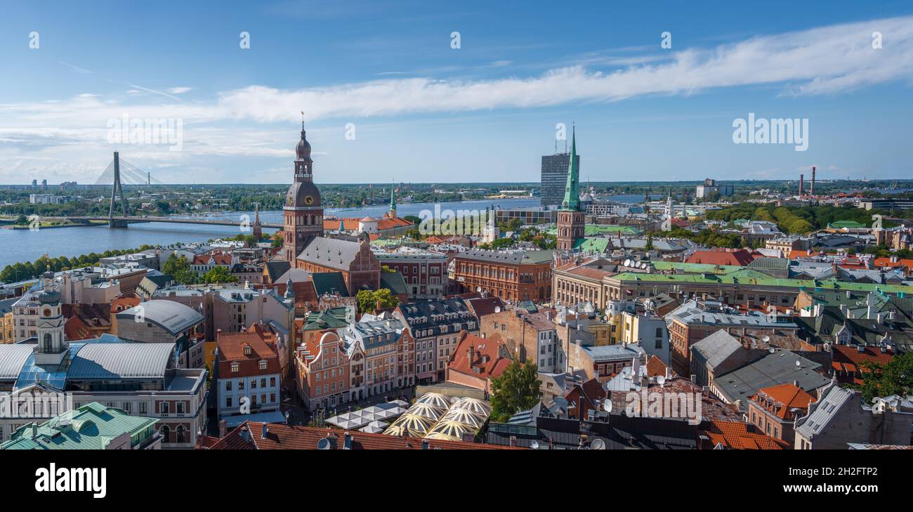 Panoramic aerial view of Riga with Riga Cathedral and Vansu Bridge - Riga, Latvia Stock Photo