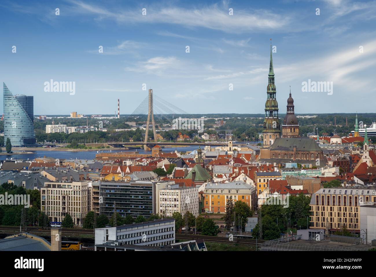 Aerial view of Riga with St Peters Church, Riga Cathedral and Vansu Bridge - Riga, Latvia Stock Photo