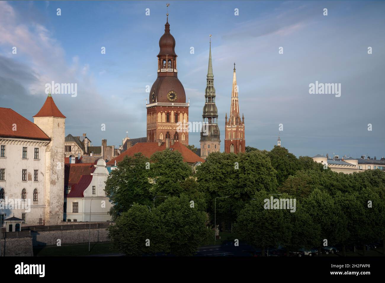 Towers of Riga Cathedral, St Peters Church and St Saviours Church - Riga, Latvia Stock Photo