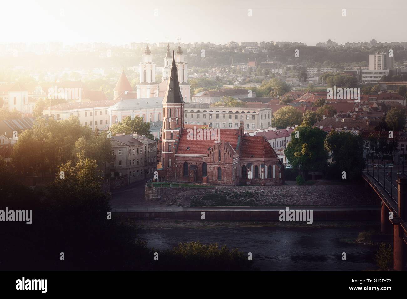 Aerial view of Kaunas and Church of Vytautas the Great at sunset - Kaunas, Lithuania Stock Photo