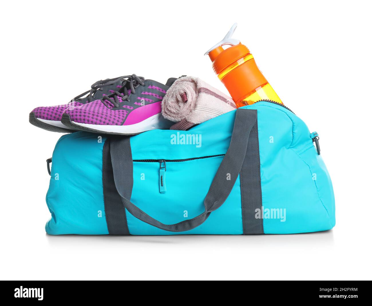 Sports bag and gym stuff on white background Stock Photo - Alamy