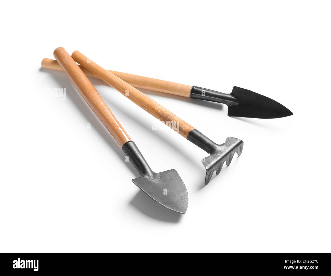 New rake and trowels on white background. Professional gardening tools