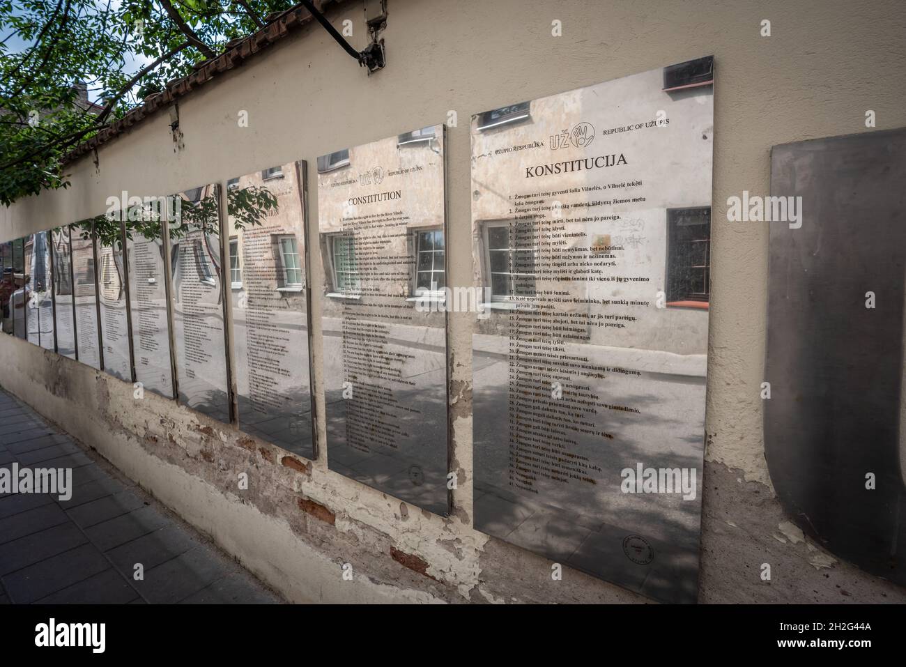 Constitution plaques of Republic of Uzupis translated in many languages at Uzupis district - Vilnius, Lithuania Stock Photo