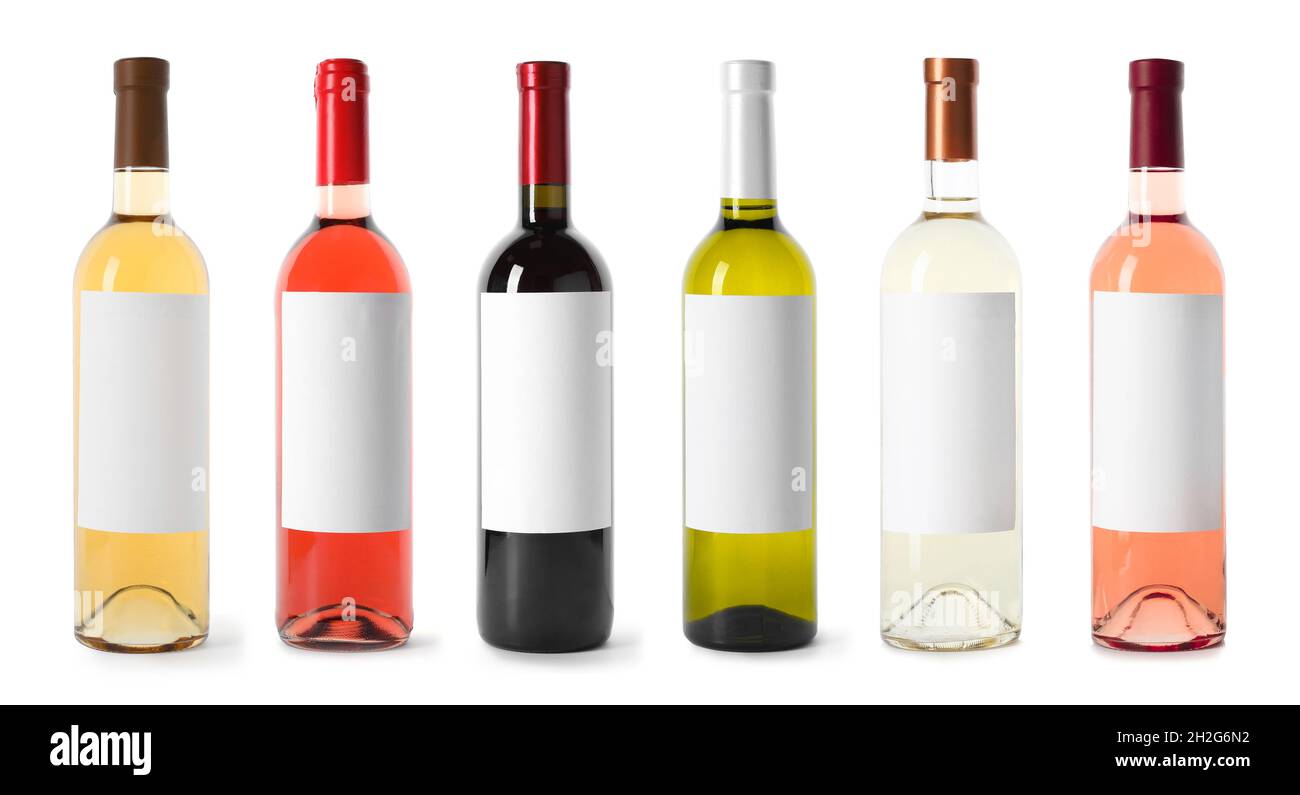 Set with different blank wine bottles on white background Mock up for Set with different blank wine bottles on white background Mock up for