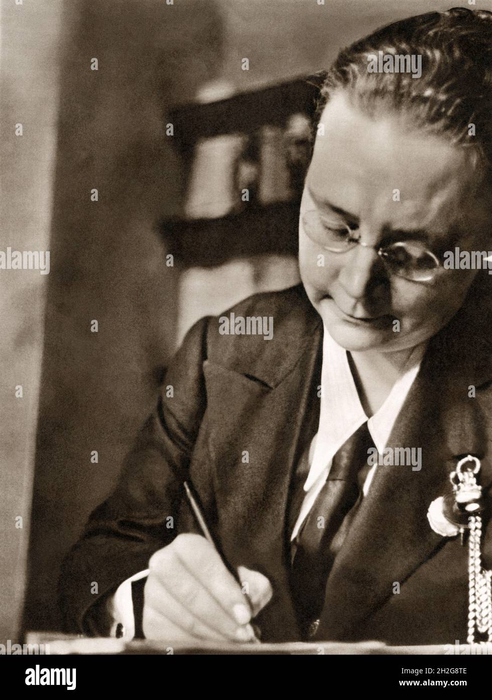 Dorothy Sayers (1893-1957), renowned English writer often considered one of the British authors informally known as 'The Inklings' (due to her friendship with C.S. Lewis and Charles Williams). Photo c1937. Stock Photo