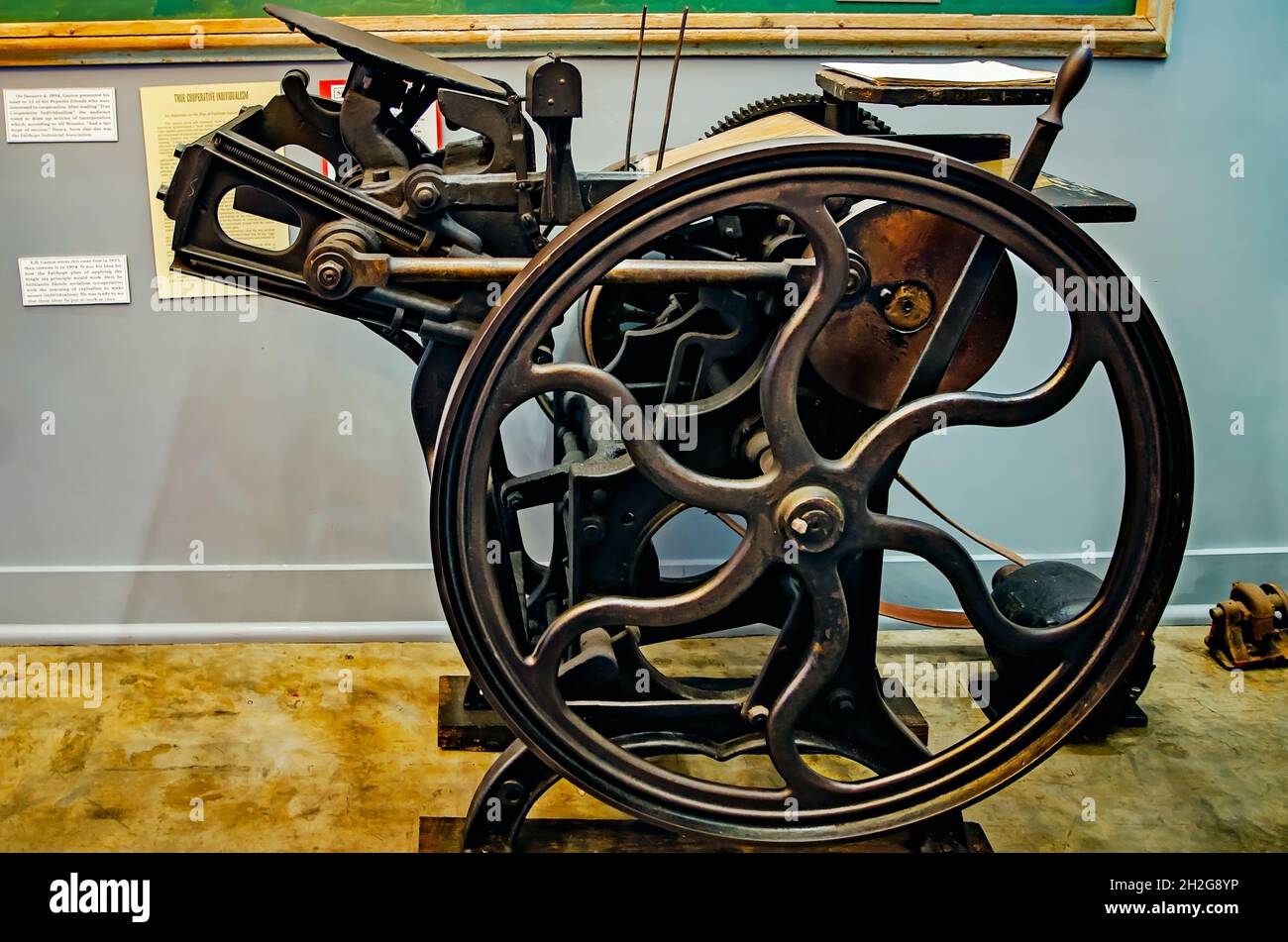 A 1901 Chandler & Price printing press used to print The Fairhope Courier is displayed at the Fairhope Museum of History in Fairhope, Alabama. Stock Photo