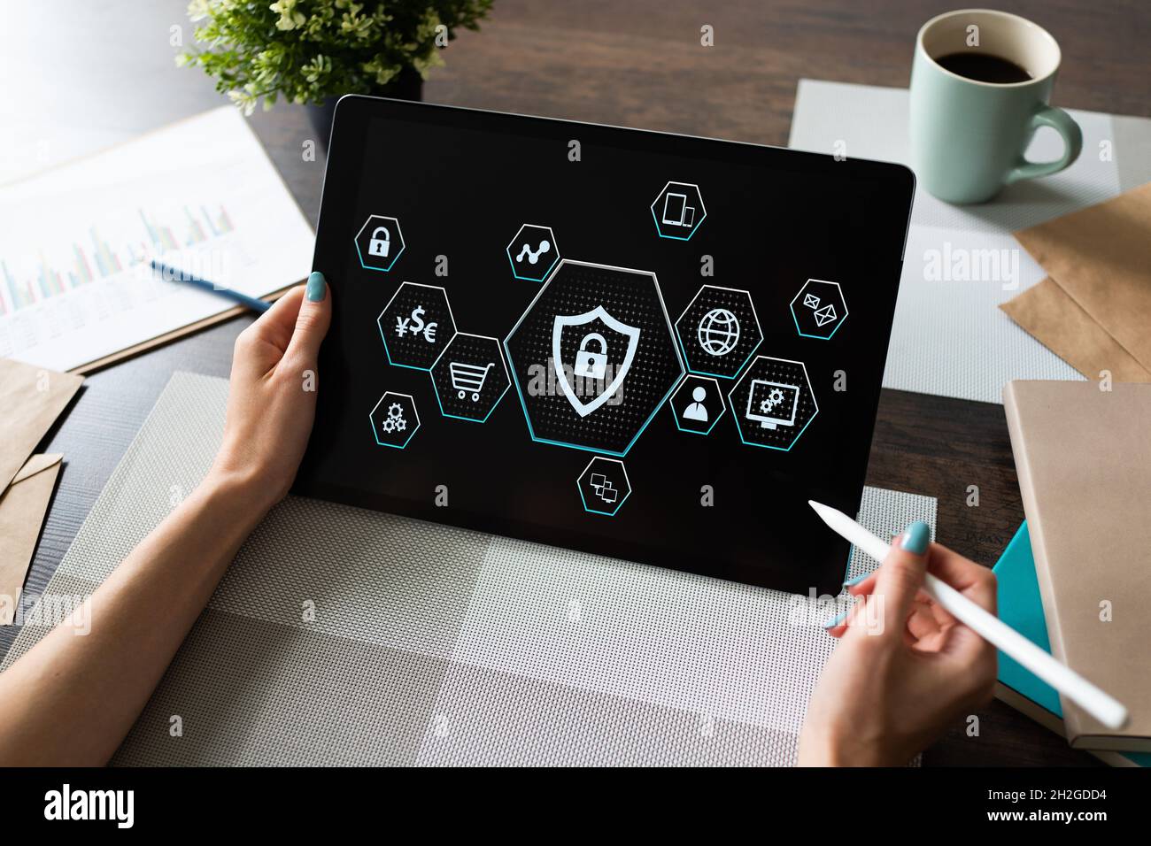 Cyber protection, Data security, Information provacy concept on screen. Stock Photo