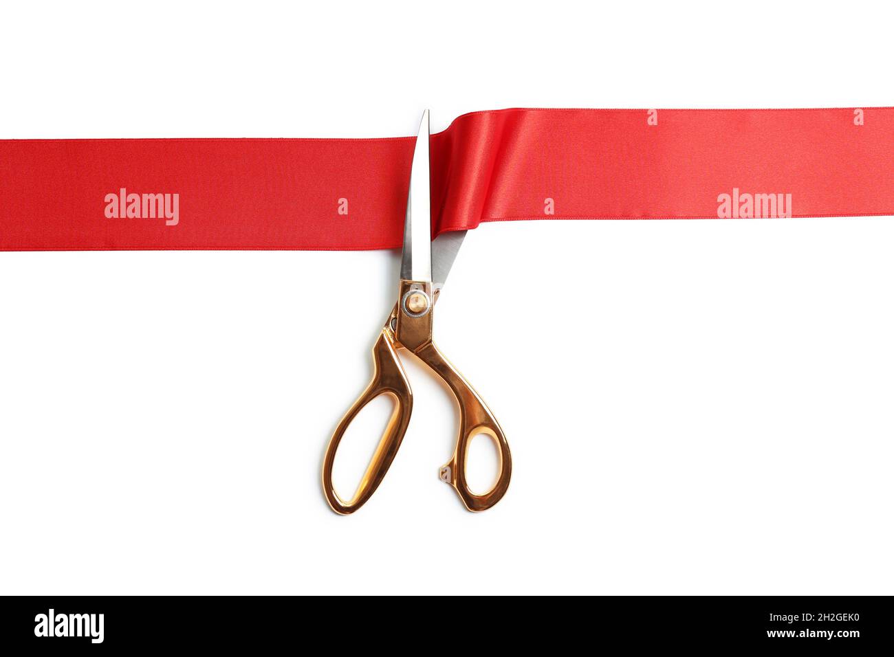 Ribbon and scissors on white background, top view. Ceremonial red tape