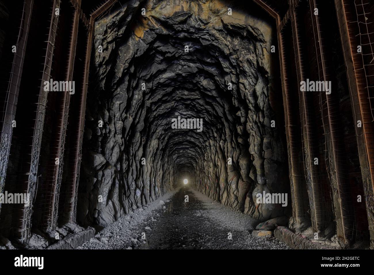 Donner Pass Summit train tunnel built for the transcontinental railroad on the route where the first wagon train entered California. Stock Photo