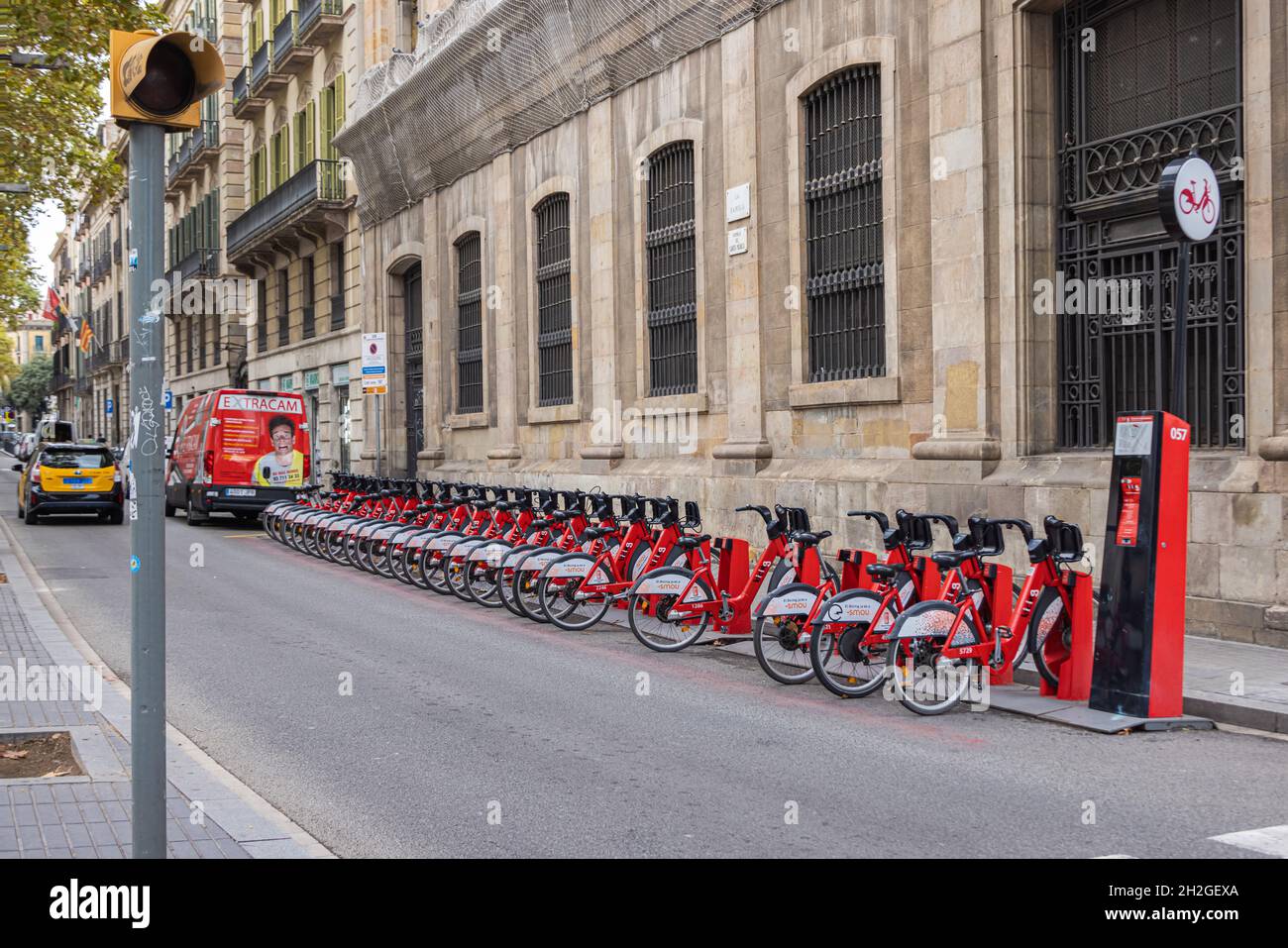 Barcelona, Spain September 21, 2021 Bicyles for hire on the parking station in the street
