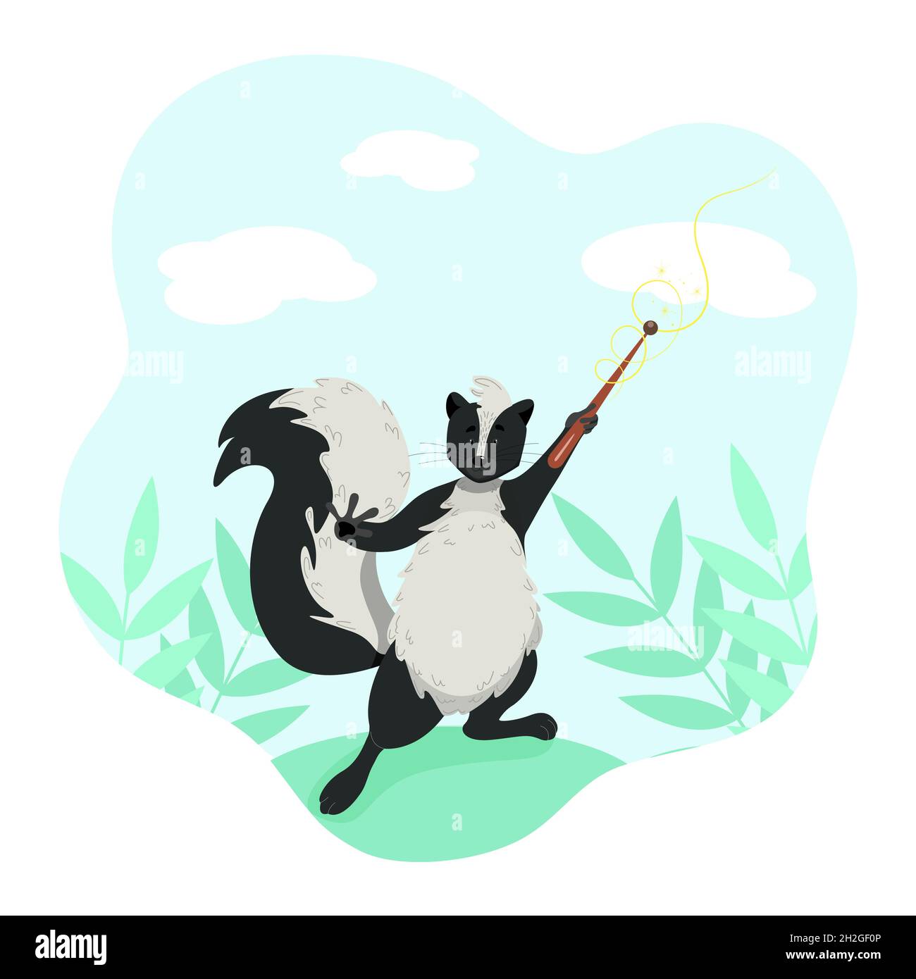 Cute funny skunk holding a magic wand, wild animals, vector character in cartoon style, clip art on a white background Stock Vector