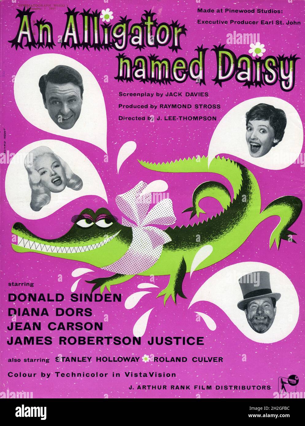 British Trade Ad for DONALD SINDEN DIANA DORS JEAN CARSON and JAMES ROBERTSON JUSTICE in AN ALLIGATOR NAMED DAISY 1955 director J. LEE THOMPSON novel Charles Terrot screenplay Jack Davies Raymond Stross Productions / The Rank Organisation Stock Photo