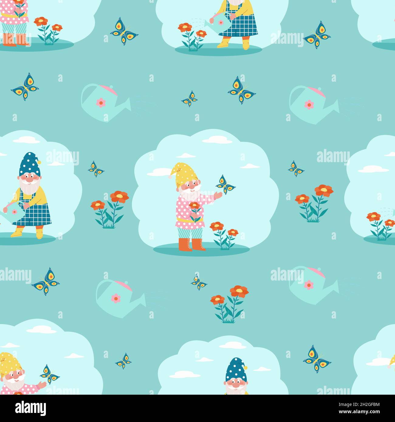Cute gnomes watering flowers seamless pattern. Vector print in flat style Stock Vector