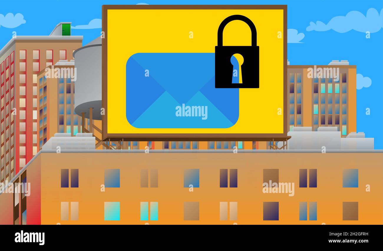 Sending encrypted E-Mail protection blue secure mail internet symbol on a billboard sign atop a brick building. Outdoor advertising in the city. Large Stock Vector