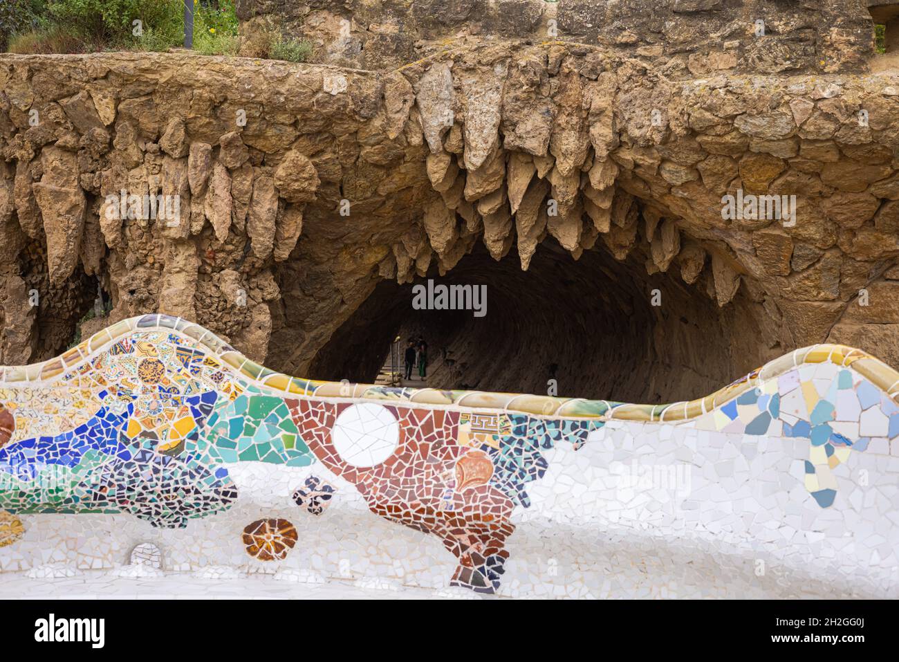 Barcelona, Spain - September 22, 2021: The Parc Guell, located in La Salut at Carmel Hill. The architectural features of the park created by Gaudi Stock Photo