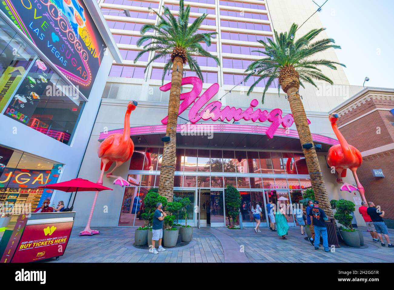 Las Vegas, Nevada, USA - October 1, 2021   Flamingo Las Vegas Hotel and Casino. Street view, walking tourists, lifestyle Stock Photo