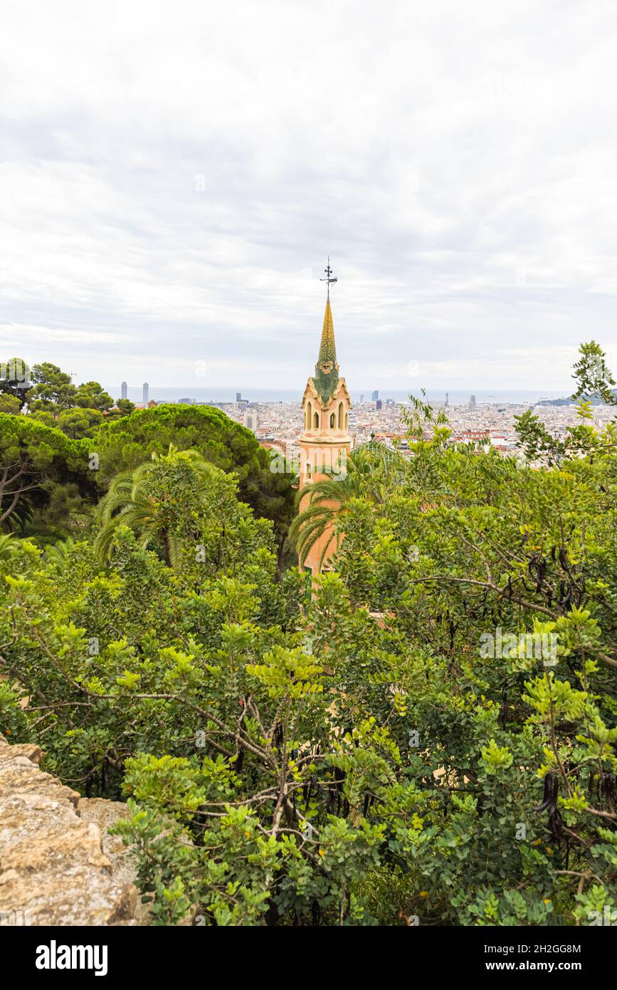 Barcelona, Spain - September 22, 2021: The steeple of the small village in Parc Guell. Park Guell is the famous architectural city art by Antoni Gaudi Stock Photo