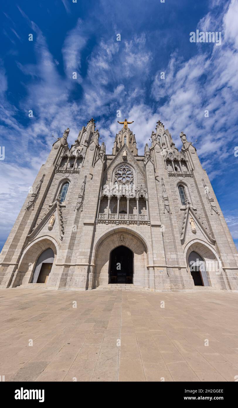 Barcelona, Spain - September 22, 2021: Wide angle capture of the entrance of the Temple of the Sacred Heart of Jesus at the peak of the Parc Tibidabo. Stock Photo