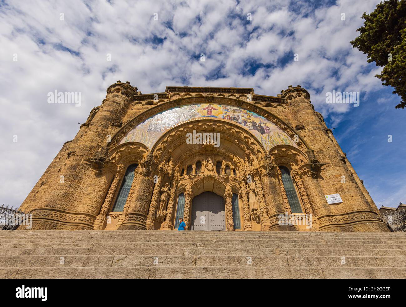Barcelona, Spain - September 22, 2021: Wide angle capture of the entrance of the Temple of the Sacred Heart of Jesus at the peak of the Parc Tibidabo. Stock Photo