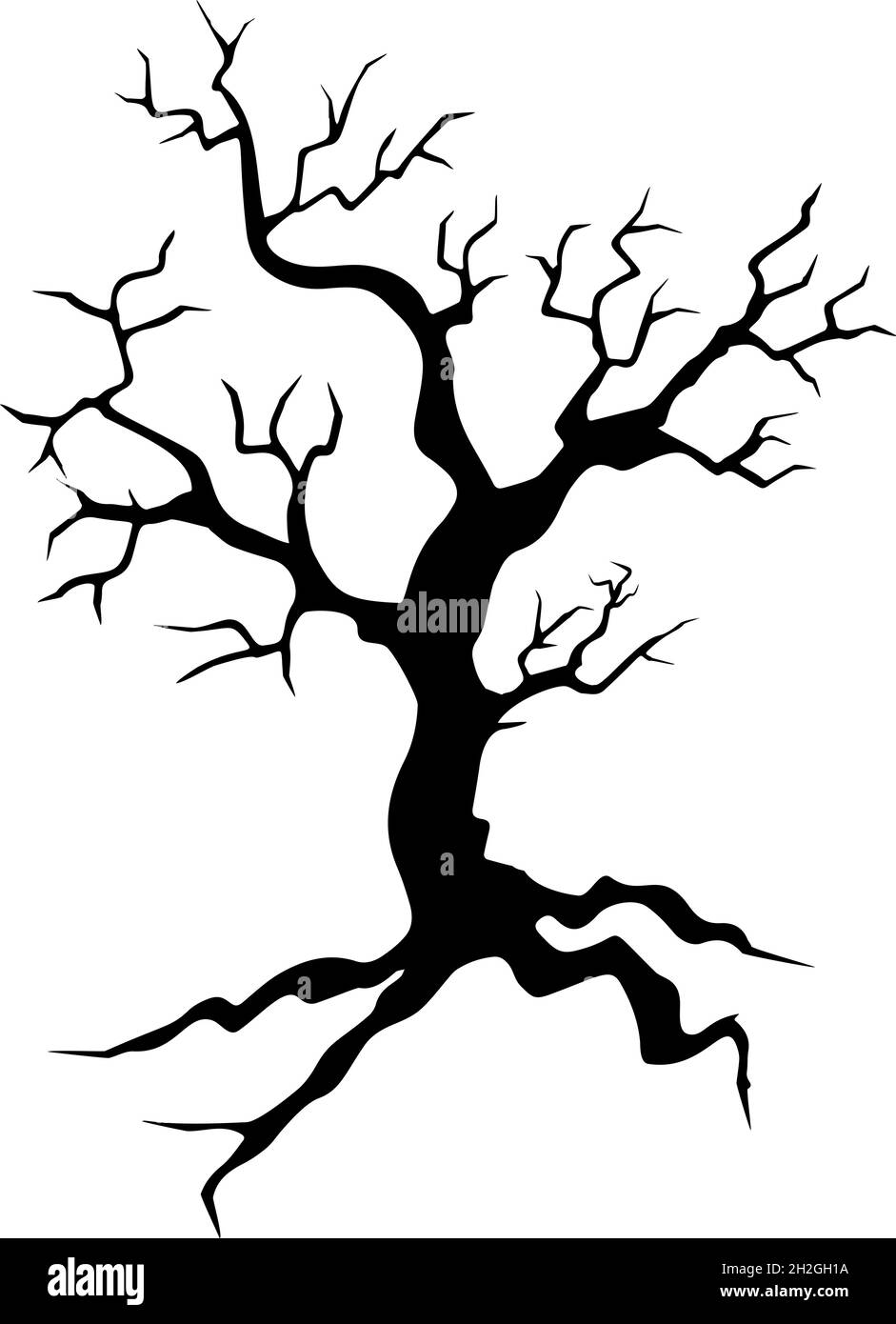 Black silhouette of a gnarled dry tree on a white background. Stock Vector