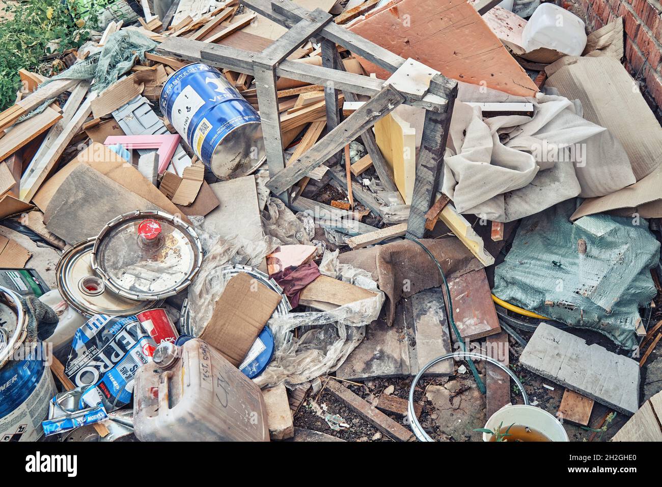 Izhevsk, Russia July 16 2021 Waste products. Used paint cans on pile