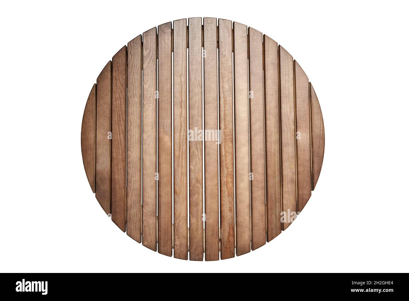 Round table top made of wooden slats for outdoor table isolated on white background upper view Stock Photo