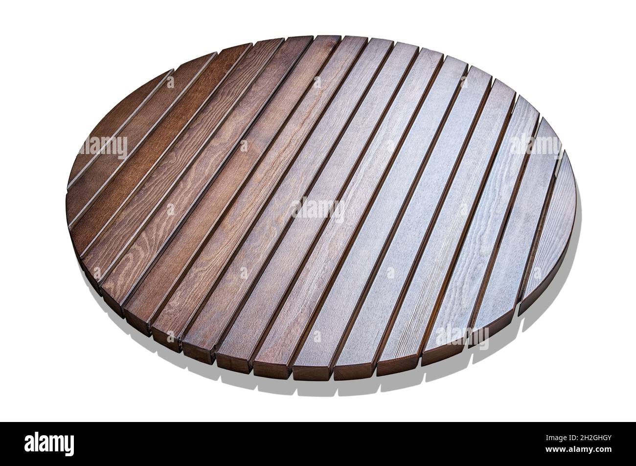 Round table top made of wooden slats for outdoor table isolated on white background upper view Stock Photo