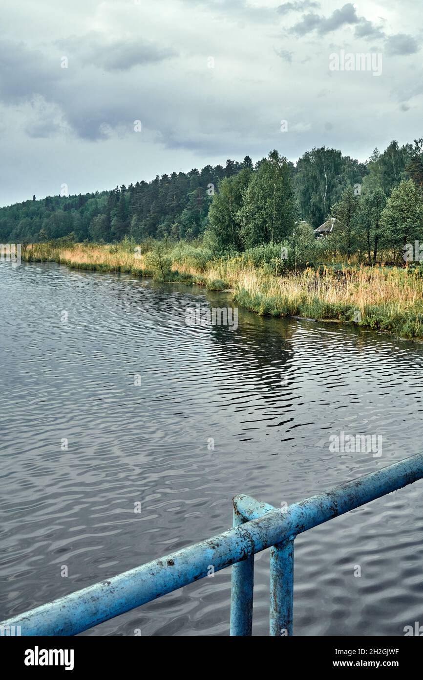 Picturesque tranquil lake with green and dry grass on banks against forest under sky with heavy clouds Stock Photo