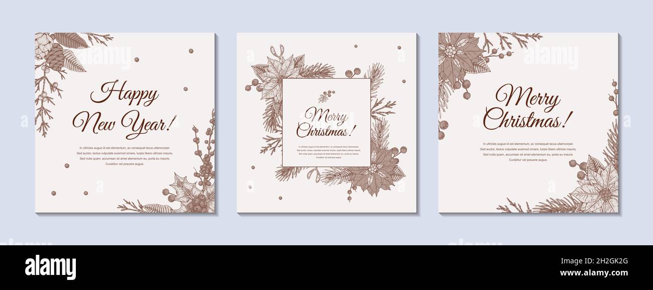 Set of hand drawn Merry Christmas and Happy New Year greeting cards ...