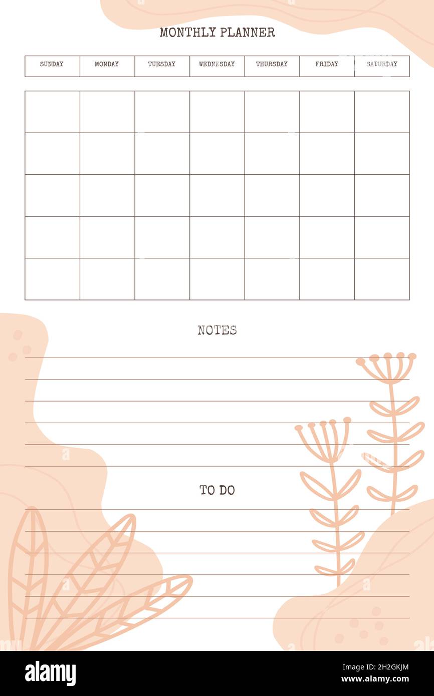 monthly planner template with hand drawn trendy organic shapes and ...