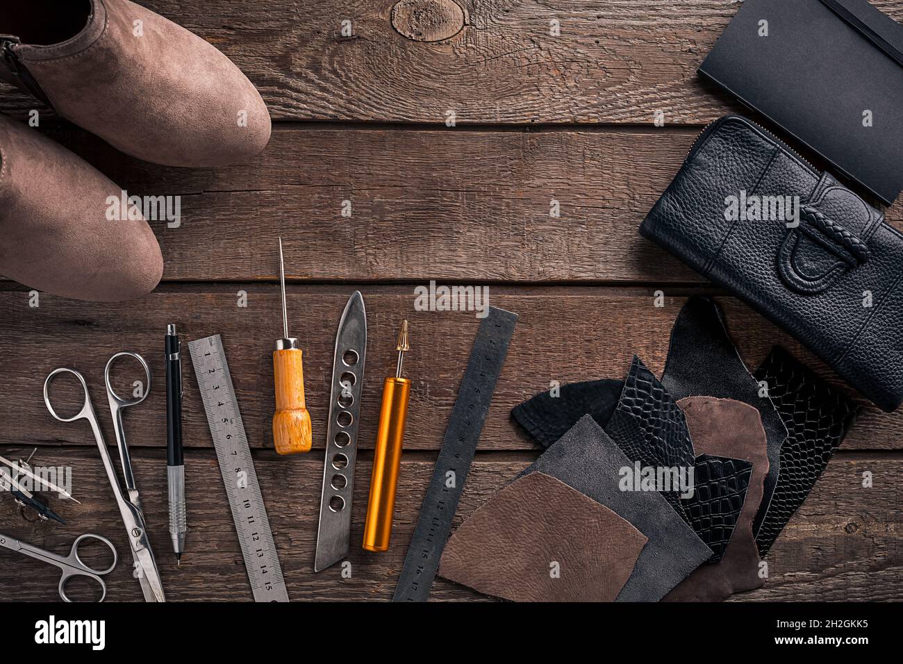 Leather Working Tools And Cutouts On Desk Craft Tanner Crafting