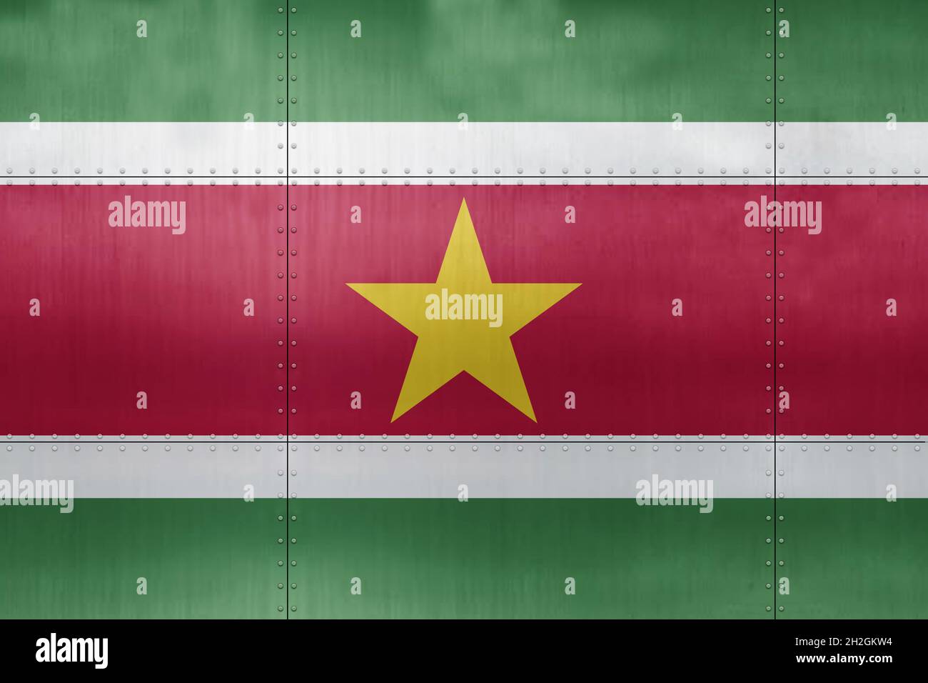 3D Flag of Suriname on a metal wall background. Stock Photo